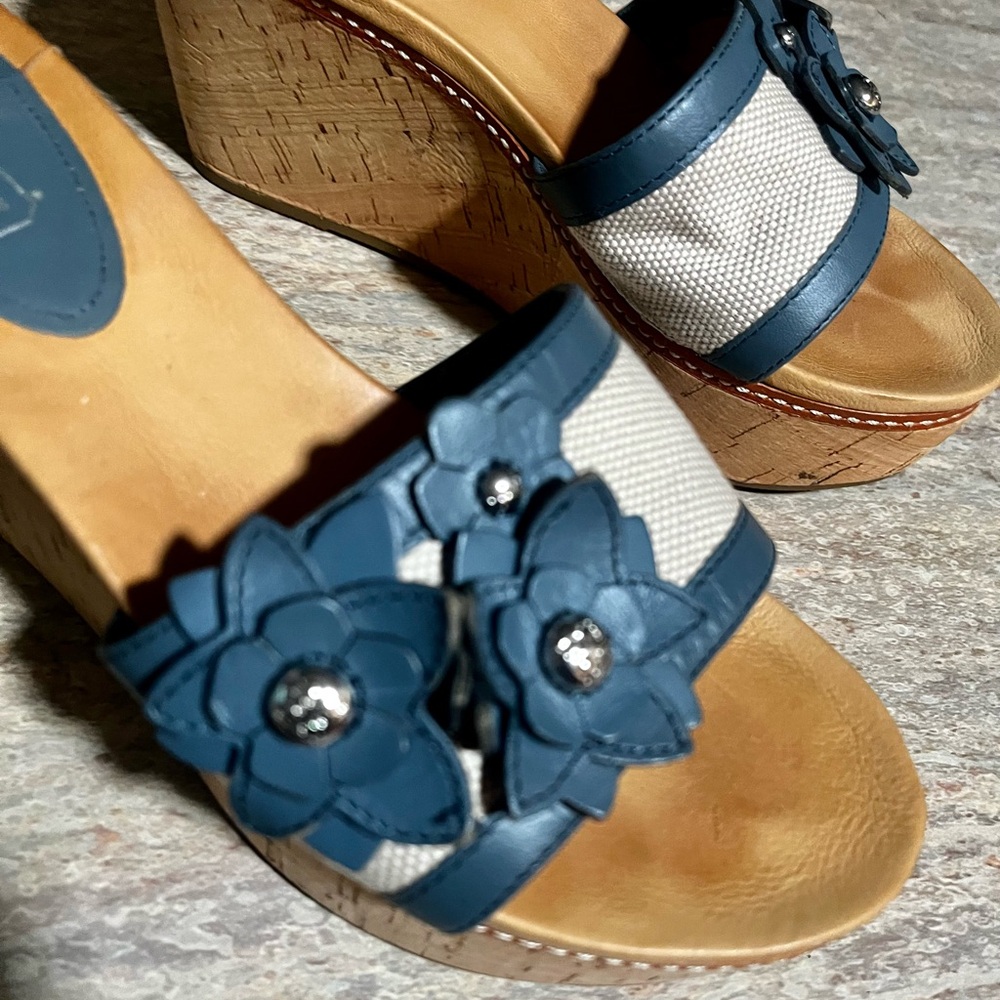 Coach JESACA Blue and Beige Wedge Sandals with Fliral Accents - Picture 11 of 16